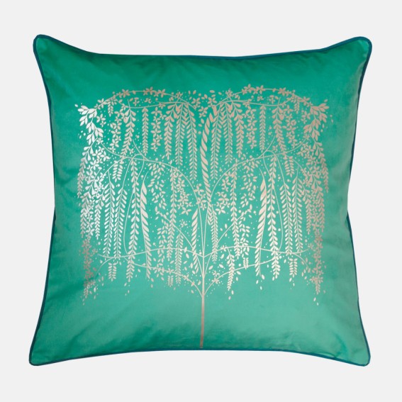 Green Willow Tree Metallic Feather Filled Cushion