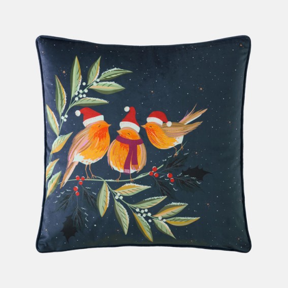 Midnight Robin Chorus Velvet Cushion