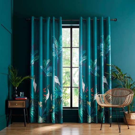 Teal Heron Ready Made Curtain Pair - 168cm x 183cm