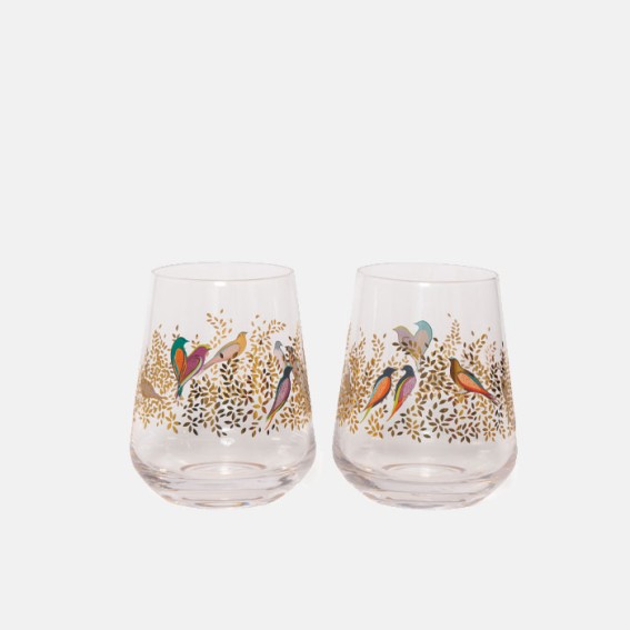 Gold Leaves & Birds Glass Tumbler - Set of 2